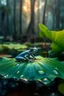 Placeholder: Very realistic detailed photo. sitting on a lotus leaf a tree blue frog floating on water with raindrops, surrounded by bright colours and fantasy style reflections. The background is an enchanted forest at night. Detailed professional photography with intricate details and soft lighting. sharp focus, intricate details, high detail, 60mm film texture, Hasselblad shooting style, magazine quality