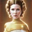 Placeholder: hyperspace background, complete and photo realistic detailed head to waist stunning photo realistic portrait of carrie fisher as Princess Leia in star wars with photo realistic updo hair by Mandy Jurgens and mucha and Richard Schmid and chuck close and chie yoshii, extraordinary and detailed ceremony dress of star wars,brown eyes