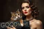 Placeholder: photo, portrait of a beautiful art deco woman with a cat, sign "GOOD NIGHT"