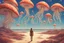 Placeholder: woman in a form-fitting outfit, standing on a beach of an alien world, watching mushrooms with jellyfish tentacles in the sky, photorealistic, Deep Colour, Fantastical, Intricate Detail, sunshine