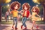 Placeholder: a cute chibi spanish man with short curly brown hair cropped at the back in yellow T-shirt and jeans with a cute chibi contented girl with long brown hair and brown eyes in a red elegant jumpsuit and red high heels, and a chibi girl with blonde brown hair in a beige dress dancing dynamically in Madrid in the Retino park, in the moonlight, ethereal, cinematic postprocessing, airplane in the sky