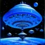 Placeholder: An indigo outer space with UFOs painted by Frank Lloyd Wright