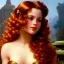 Placeholder: Hyperdetailed oil on canvas, young robyn lively by an ornate fountain, goldfish pond, lotus, detailed face, long muti-hued red curly hair; by gaspar camps, maxfield parrish, alphonse mucha, cyril rolando, dan mumford; luminous colorful sparkles, glitter, airbrush, octane render, volumetric lighting, 16k