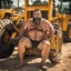 Placeholder: close up photography of a arab ugly burly serious wet sweaty, muscular chubby strong fat carpenter, shirtless, swimwear, bulge, manly chest, very hairy allover, big goatee 46 years old, short hair, sitting with open legs on a little chair , on a construction site in the middle of a road, under the August sun, emotional eyes, , hyper-realistic, photorealistic , frontal view from the ground