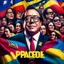 Placeholder: Create a Pixar-style 3D movie poster with Gustavo Petro, president of Colombia happy and surrounded by women, men and Colombian flags, with the title: "The President", ultra quality, hyper-detailed, maximalist, 8k