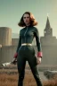 Placeholder: retro portrait image from 1960, Moscow background, wind, long red hair, fighting stance, sweet young Scarlett Johansson, classic black tight lycra suit, weapon, gold bracelet and belt, high heel boots, soft color, highly detailed, unreal engine 5, ray tracing, RTX, lumen lighting, ultra detail, volumetric lighting, 3d, finely drawn, high definition, high resolution.