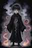 Placeholder: 7 year old boy, necromancer, friendly, with 1 tentacle coming out of his stomach, surrounded by weird smoke with eyes, wearing black robes, in the style of Harry Clarke