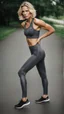 Placeholder: photography of a beautiful anorexic woman, grey satin triathlon top, sports illustrated, blond short wavy bob haircut, pronounced sternum, anthracite running leggins