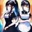 Placeholder: Clear focus, 8k, beautiful lighting, vibrant colors, girl, black hair, long hair, vibrant golden eyes, ponytail, same twins, black hair, golden eyes, same clothes, maid,