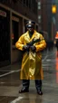 Placeholder: retro nypd full body color 1920 blackmen policeman wtih heavy yellow rain transparent coat with thompson riffle