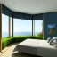 Placeholder: Une chambre à coucher de 4 x 3.2 metres, avec une baie vitrée de 2.70 metres, avec vue sur jardin avec la mer en bas du jardin au dessus d'une petite falaise. Décoration moyen-orientale de la chammbre.