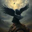 Placeholder: oil painting in titian style, air is charged with magic around huge storm pigeon crow bird rider with wings and beard and hair is full of feathers above holy valley, seen from above