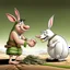 Placeholder: piggish cloven foot lying on stacks of money making a deal with bugs bunny in a middle of a desert