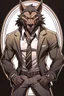 Placeholder: Buff, anthro, wolf, himbo, black fur, gold eyes, wearing a suit, full-body, muscles, strong, muscular, man boobs, bulky, tail, dark fur, smug grin, hands on hips,