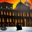 Placeholder: Painting of a very dark square in Florence in a stormy night. Brunelleschi cathedral in the back. Michelangelo style. A black cat is sitting in the snow.