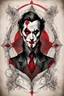 Placeholder: Create a captivating modern 2d black and red ink tattoo design for print , prestigious Joker using the elegant influences of medieval art style, for print, dynamic elements from fashion and design, and bold Medieval art aesthetics, framing centered in the center, distanced from the edges of the paper perimeter, perfect anatomy, bauhaus, Divine Proportion,