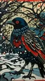 Placeholder: A contemporary serigraphy by Matisse and Kunisada of a human-like crow adorned in a punk leather jacket within a snowy Christmas atmosphere.