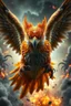 Placeholder: Create a ultra high definition and photorealistic image, 12k quality of a beautiful phoenix, majestic and strength showing, emphasis on texturized claws, upclose with a front view flying towards the camera, centre of an explosive and chaotic background scene of Armageddon where he is followed by demon like dark clouds in persuit trying to grab him, phoenix has striking eyes and determined look, majestic wings folded inwards in flight, bright auburn, black, white, grey and yellow colours, gothic