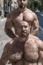 Placeholder: viril strong beefy mature russian man sunbathing, sitted on an empty street, 41 years old, dirty tank top, tattoo, bullneck, hands behind the neck, ripped dirty shorts, manly chest, very hairy, short beard, big shoulders, relaxed, photorealistic, well defined facial features, half figure photography, view angle from the ground