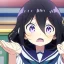 Placeholder: Clear focus, High resolution,a anime kid, roughline skecth, cute, cartoony style,interesting hair between eyes,black hair,, fluffy hair,long bangs,purple eyes, front view, anime screencap,background is a classroom, screaming and blushing, wearing a sailor uniform