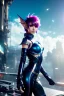 Placeholder: Futuristic anime elf, waist up portrait, physically fit, latex and leather attire, blue eyes, pastel hair, intricate eyeliner, vibrant eyeshadow, clear completion, soft lighting, 4k resolution, intricate details, insanely detailed, colorful cityscape background, masterpiece, expert, cinematic smooth, retroanime style, realistic details, no helmet