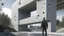 Placeholder: a person standing next to a building with holes in its side and a bridge in the background, concrete art, a digital rendering