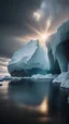 Placeholder: a huge iceberg in the Arctic Ocean, with a cave and a rainforest inside, reflecting sunlight, dark clouds, sunrise, dark light, 8k, long exposure, landscape frozen, 8k, national Geographic