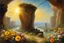 Placeholder: sunny day, planet in the sky, rocks, flowers, cliffs, sci-fi, friedrich eckenfelder and william turner impressionism paintings