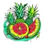 Placeholder: A tropical fruit platter with pineapple and watermelon slices, vibrant, refreshing, overhead lighting, T-shirt design graphic, vector, contour, white background