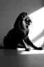 Placeholder: shadow lion on grey wall, picture black and white, top side