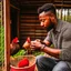 Placeholder: black man feeding free range chicken in a coop real hd image