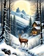 Placeholder: v20th century hungarian vintage postcard, painting of a deer in a snowy forest , a little cute village in the valley in the background, christmas mood, cosy enchanted winter scene, beautiful depiction, inspired by Terry Redlin, snowy winter beauty scene, painting, by Cindy Wright, beautiful detail, by Doris Blair, wintery scene, amazing detail, stunning artwork, vintage postcard, nostalgic style