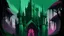 Placeholder: Ben Bocquelet's green and magenta gothic art, a dark and eerie castle with twisted spires and haunting shadows, featuring a mysterious cloaked figure standing at the entrance