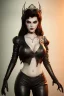 Placeholder: Amy Dumas as evil queen in black leather, leather, busty, cleavage, angry, rage, stern look. character design by cory loftis, fenghua zhong, ryohei hase, ismail inceoglu and ruan jia. unreal engine 5, artistic lighting, highly detailed, photorealistic, fantasy