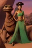 Placeholder: Zendaya in princess Leia's slave costume of the Return of the Jedi, close to Jabba the Hutt.