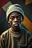 Placeholder: a bad boy javanesse, moslem hat, wearing torn sweatpants, artwork facial expression, high detail, extreme texture, a wide top bottom geometric pop art in the background, sophisticated, hdr*, hyper realistic, depth shadows, high contrast, unique elements enhanced, top quality, masterpiece