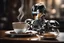 Placeholder: A hyper-realistic, A robotic figure, its body made of shining chrome, hovering above a cup of freshly brewed coffee, Photo Real, 64k