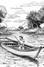 Placeholder: Outline art, no shading, boat full body on the river, cartoon style, black and white, low detail, --ar 9:11