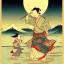 Placeholder: Ukiyo-e styled art, stream, mountain, sun, family on a boat