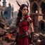 Placeholder: a beautiful tiefling woman with dark hair in a sleeveless battle outfit, amidst the ruins of a medieval town destroyed by war, photo quality, dark red colors