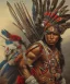 Placeholder: Guaicaipuro, native american, 30 years old, Muscular warrior, red feathers headdress, heroic pose holding spear