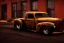 Placeholder: pristine flathead ratrod parked in front of an old house, medium shot, pixar style, sharp, very detailed, city, police station, atmospheric,night lighting,rainy, realistic, unity engine, cinematic lighting, octane render.