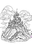 Placeholder: A vampire castle on a hill, surrounded by fog and illuminated by lightning. Outline, sketch style, only use outline, mandala style, clean line art, white background, no shadows, no clear wall, coloring page.