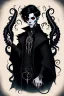 Placeholder: black haired young man necromancer wizard with gothic jewelry and tentacle fingers in the style of H. R. Geiger