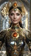 Placeholder: AI 3d photo realistic portrait of young woman, smiling, beautiful, shiny eyes, make up, Byzantine style, shiny baubles, ornate, large gemstones, shiny molten metalics, shiny filigree, black hair, high definition, high res, octane render, 64k, 3d