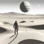 Placeholder: person alone in planet ,analog ,b&w ,Dune-Desert Planet Arrakis: Image of a barren, sandy desert planet with two moons in the sky, conveying the harsh environment of Arrakis., Alexandro Jodorowsy Art,Juan Gimenez Art,Space Art,Sci-Fic Art,Dark Influence,NijiExpress 3D v2,Kinetic Art,Datanoshing,Oil painting,Ink v3,Splash style,Abstract Art,Abstract Tech,CyberTech Elements,Futuristic,Epic style,Illustrated v3,Deco Influence,Air Brush style,drawing