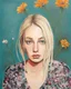 Placeholder: portrait, acrylic, fine drawing, blonde, woman, flowers, paint drips