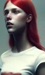 Placeholder: girl, cute, beautiful, red hair, black backwards cap, white tee shirt, long hair, head and shoulders portrait by Greg Rutkowski