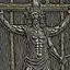 Placeholder: crucified on the cross christ liberty hybrid tone, woodcut, engraved, wall street journal style, statue of cruicified Jesus of Liberty with a beard and wearing a cross and hanging from a cross, The statue male, hyperdetailed intricately detailed photoillustration ink drawing dystopian 8k resolution entire body of the statue is in the picture. digital illustration telephoto lens photography , same colors as the us treasury's one dollar bill, crucified"