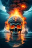 Placeholder: an explosions in side crystal human skull brain and huge fire behind a nuclear submarine under the water ocean water in all the picture and the on the background
